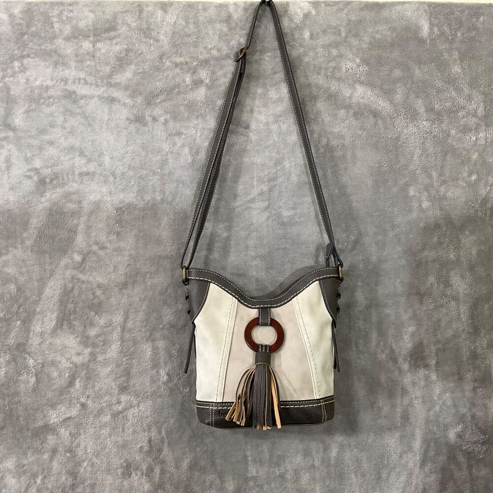 BOC Faux Leather Crossbody gray/ Tan Bag faux wood tassel detail zips